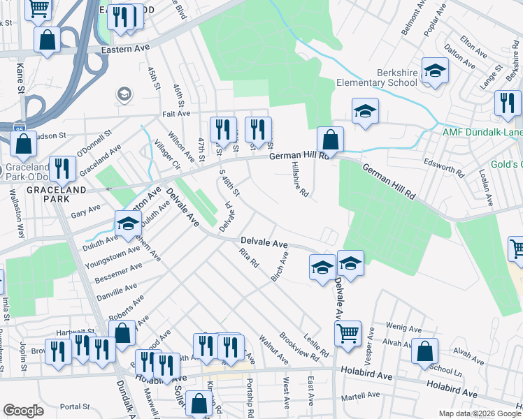 map of restaurants, bars, coffee shops, grocery stores, and more near 1235 South 48th Street in Dundalk