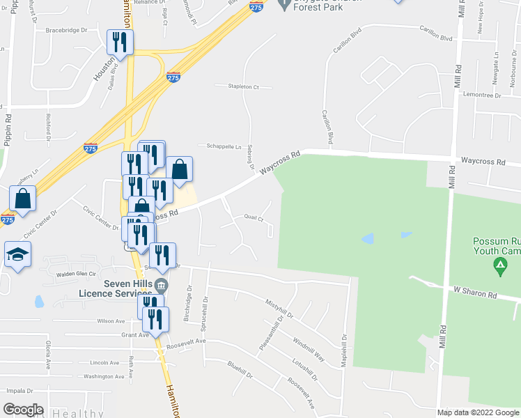 map of restaurants, bars, coffee shops, grocery stores, and more near 2056 Quail Court in Cincinnati