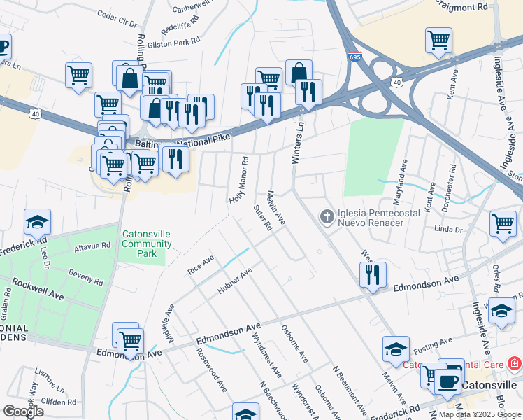 map of restaurants, bars, coffee shops, grocery stores, and more near 317 Suter Road in Catonsville