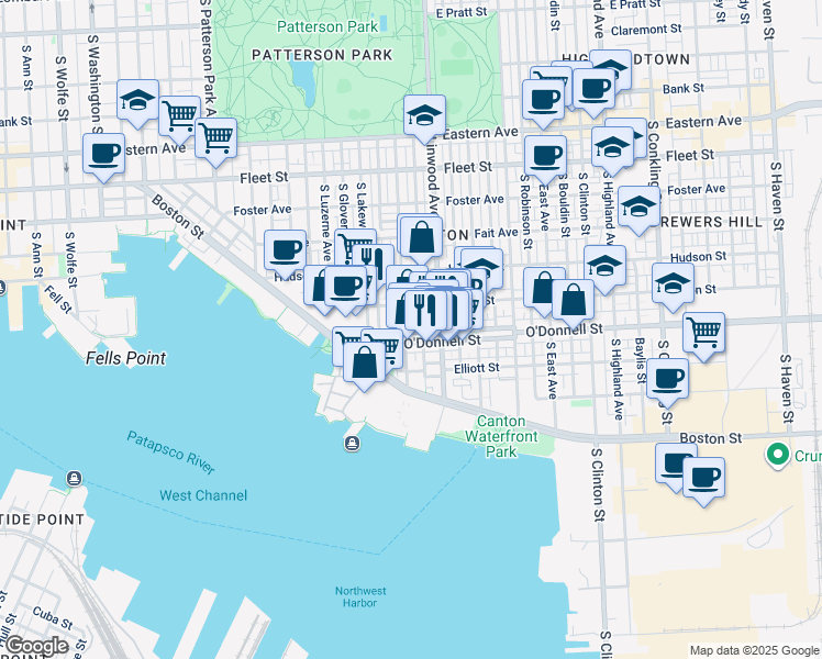 map of restaurants, bars, coffee shops, grocery stores, and more near 2800 O Donnell Street in Baltimore