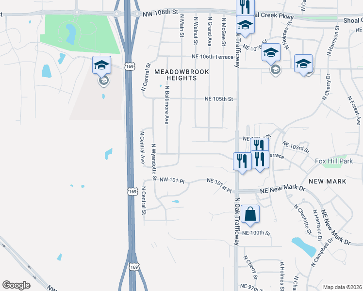 map of restaurants, bars, coffee shops, grocery stores, and more near 10228 North Main Street in Kansas City