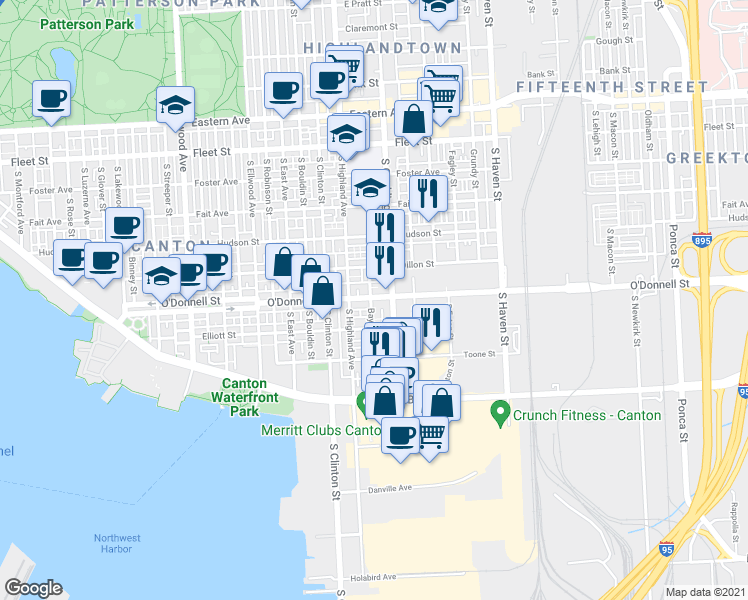 map of restaurants, bars, coffee shops, grocery stores, and more near 3501 O Donnell Street in Baltimore