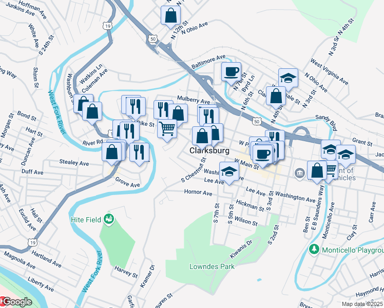 map of restaurants, bars, coffee shops, grocery stores, and more near 628 Dale Ave in Clarksburg