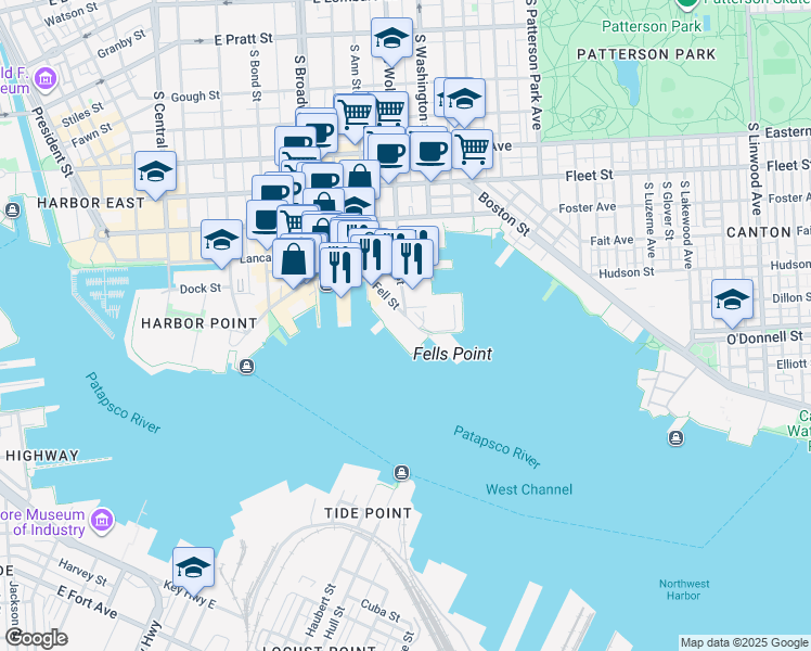 map of restaurants, bars, coffee shops, grocery stores, and more near 1000 Fell Street in Baltimore