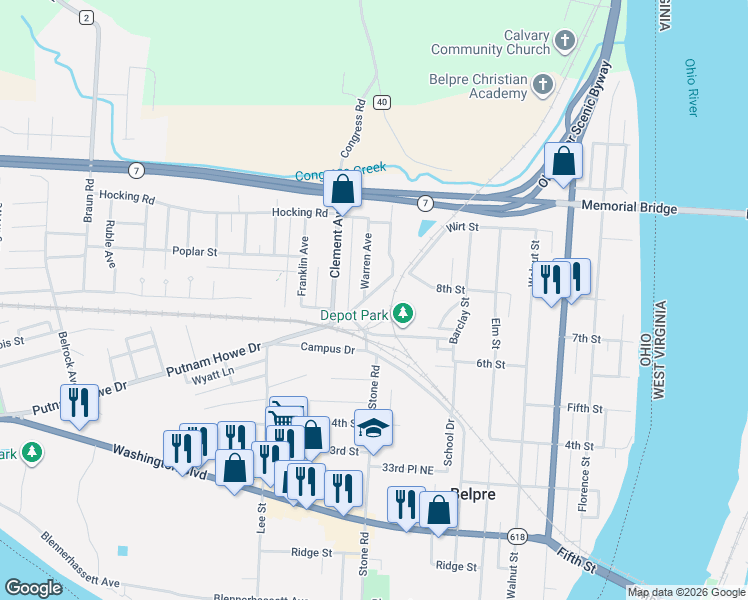 map of restaurants, bars, coffee shops, grocery stores, and more near 802 Pomeroy Pike in Belpre