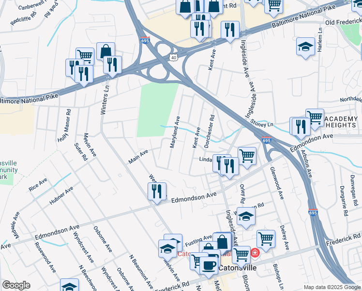 map of restaurants, bars, coffee shops, grocery stores, and more near 420 Lafayette Avenue in Catonsville