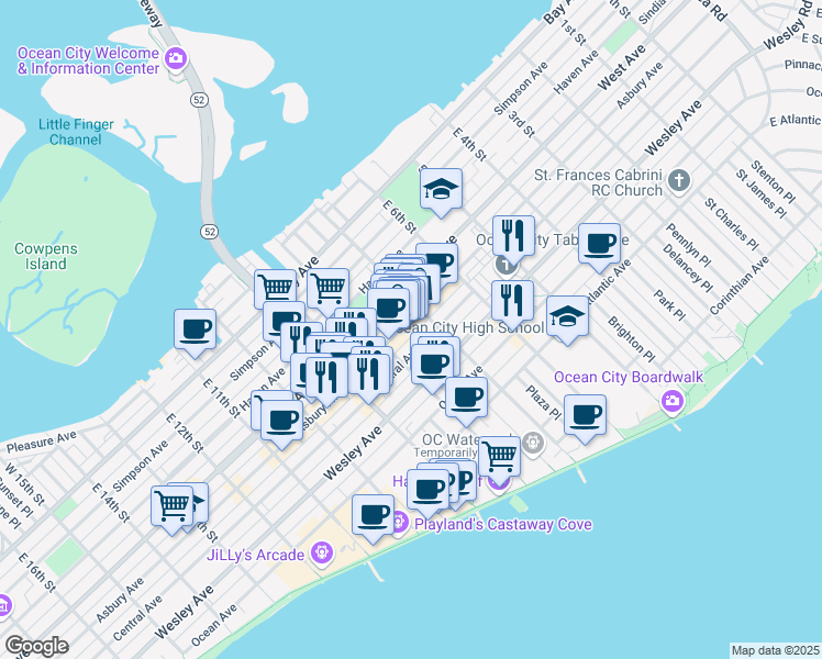 map of restaurants, bars, coffee shops, grocery stores, and more near 725 Asbury Ave in Ocean City