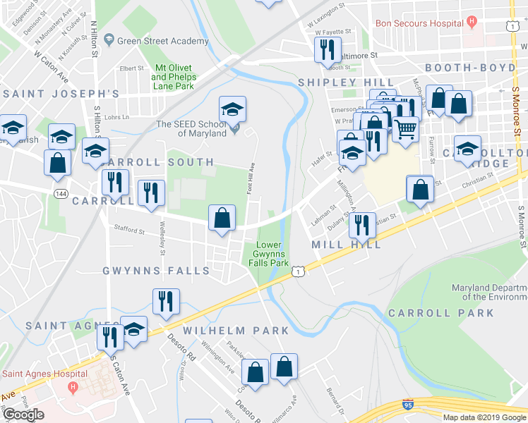 map of restaurants, bars, coffee shops, grocery stores, and more near 2802 Frederick Avenue in Baltimore