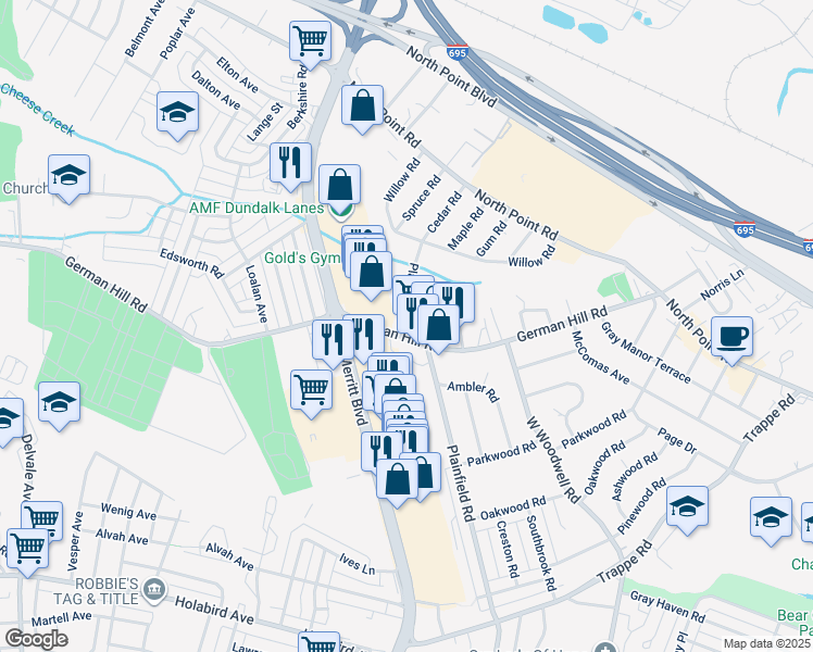 map of restaurants, bars, coffee shops, grocery stores, and more near 7620 German Hill Road in Dundalk