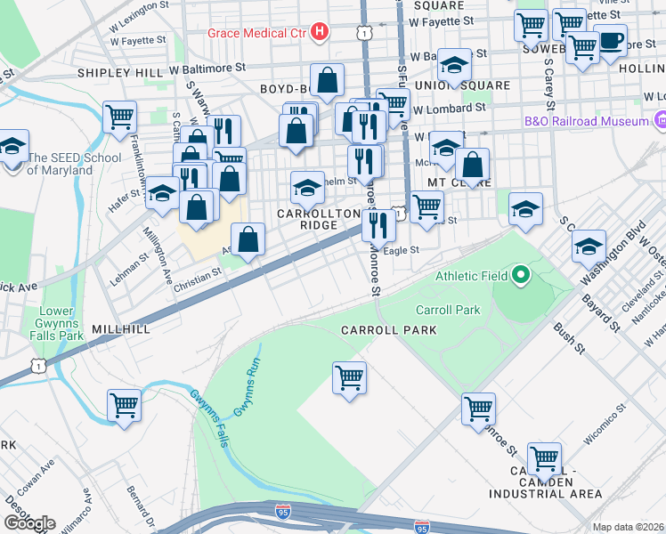 map of restaurants, bars, coffee shops, grocery stores, and more near 2045 Eagle Street in Baltimore