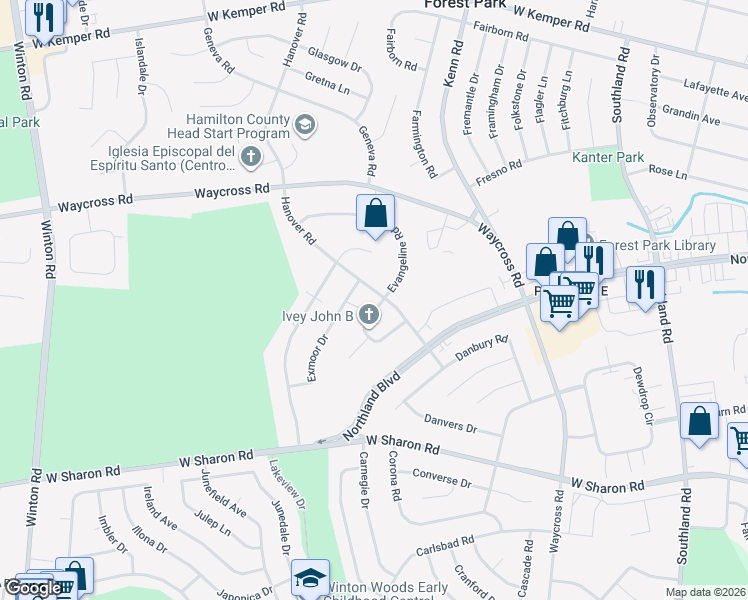 map of restaurants, bars, coffee shops, grocery stores, and more near 767 Exmoor Drive in Cincinnati