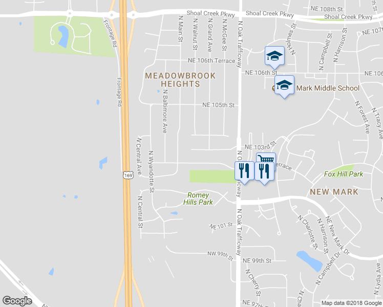 map of restaurants, bars, coffee shops, grocery stores, and more near 11 Northeast 103rd Street in Kansas City