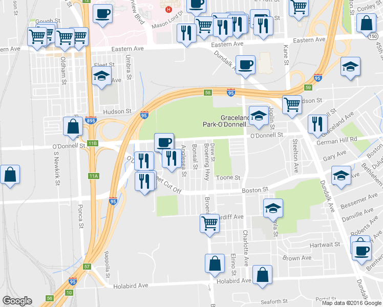 map of restaurants, bars, coffee shops, grocery stores, and more near 1118 Bonsal Street in Baltimore
