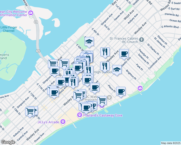 map of restaurants, bars, coffee shops, grocery stores, and more near 501 East 7th Street in Ocean City