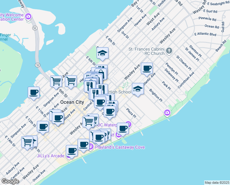 map of restaurants, bars, coffee shops, grocery stores, and more near 615 Wesley Avenue in Ocean City