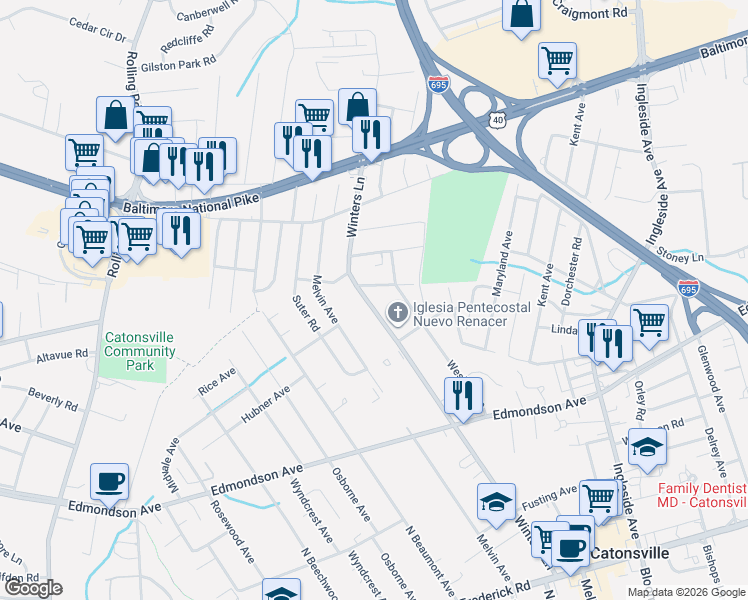 map of restaurants, bars, coffee shops, grocery stores, and more near 172 Winters Lane in Catonsville