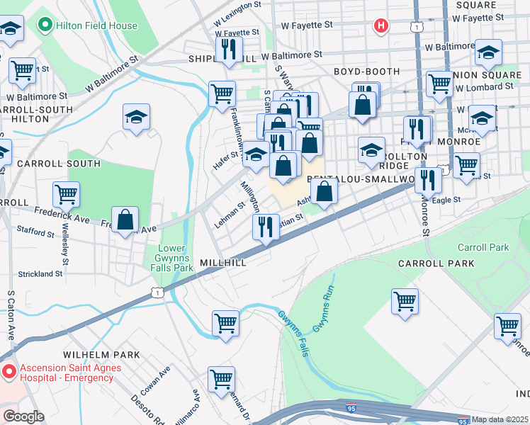 map of restaurants, bars, coffee shops, grocery stores, and more near 433 Millington Avenue in Baltimore