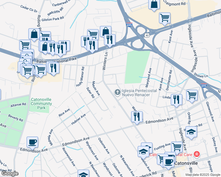 map of restaurants, bars, coffee shops, grocery stores, and more near 172 Winters Lane in Catonsville