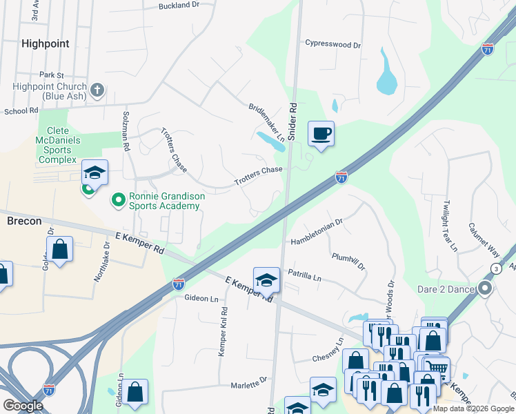 map of restaurants, bars, coffee shops, grocery stores, and more near 11652 Chancery Lane in Cincinnati