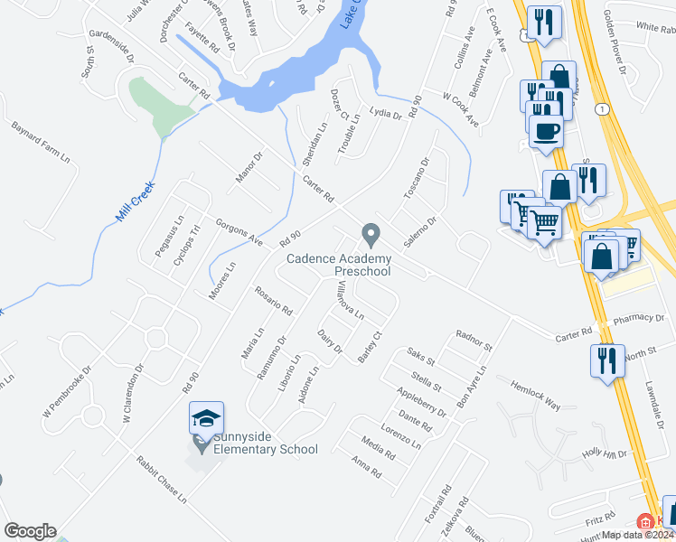 map of restaurants, bars, coffee shops, grocery stores, and more near 2 Ramunno Drive in Smyrna