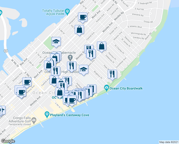 map of restaurants, bars, coffee shops, grocery stores, and more near 823 5th Street in Ocean City
