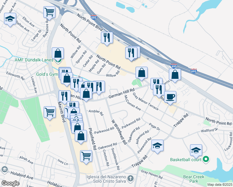 map of restaurants, bars, coffee shops, grocery stores, and more near 209 German Hill Road in Dundalk