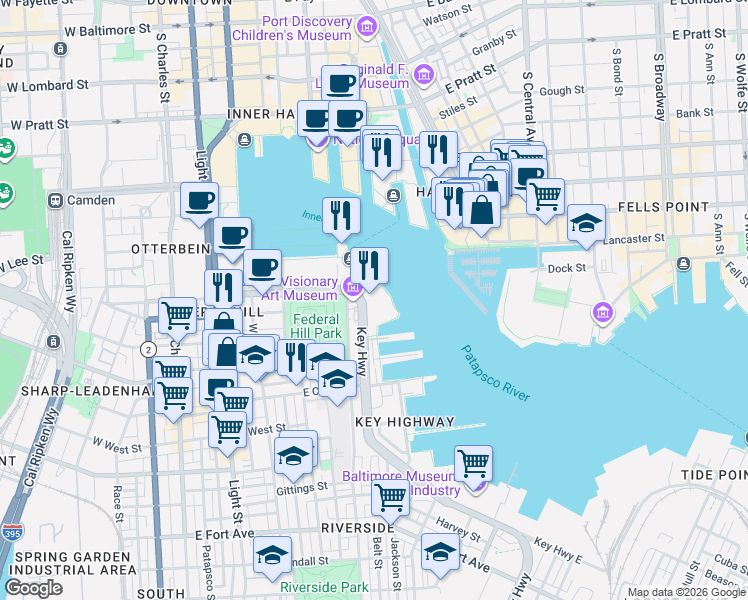 map of restaurants, bars, coffee shops, grocery stores, and more near 801 Key Highway in Baltimore