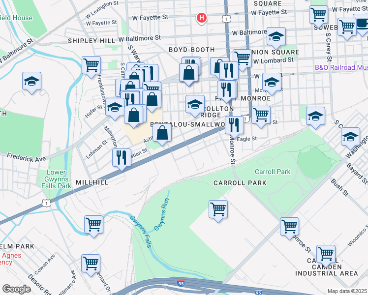 map of restaurants, bars, coffee shops, grocery stores, and more near 2207 Wilkens Avenue in Baltimore