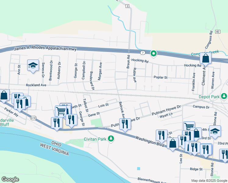 map of restaurants, bars, coffee shops, grocery stores, and more near 1501 Boulevard Drive in Belpre