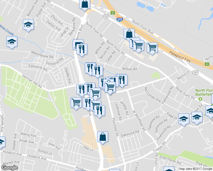 map of restaurants, bars, coffee shops, grocery stores, and more near 2431 Plainfield Road in Dundalk