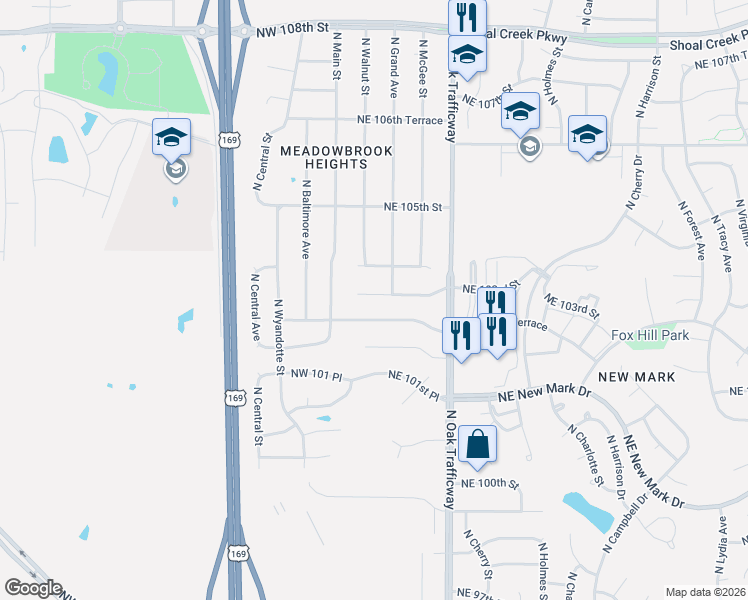 map of restaurants, bars, coffee shops, grocery stores, and more near 11 Northeast 103rd Street in Kansas City
