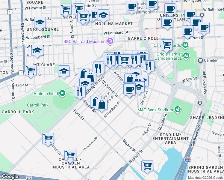 map of restaurants, bars, coffee shops, grocery stores, and more near W Ostend St & Cleveland St in Baltimore