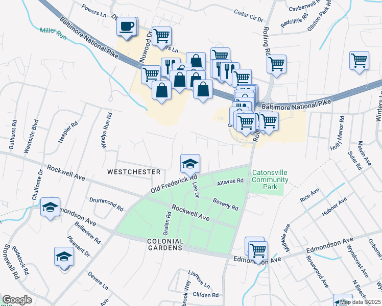 map of restaurants, bars, coffee shops, grocery stores, and more near 514 Lee Drive in Catonsville