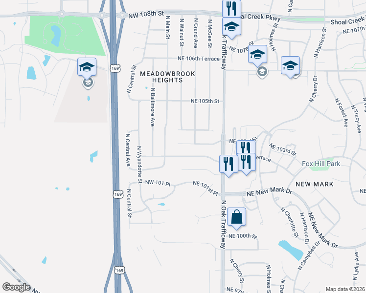 map of restaurants, bars, coffee shops, grocery stores, and more near 11 Northeast 103rd Street in Kansas City