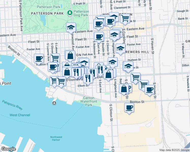 map of restaurants, bars, coffee shops, grocery stores, and more near 3116 O Donnell Street in Baltimore