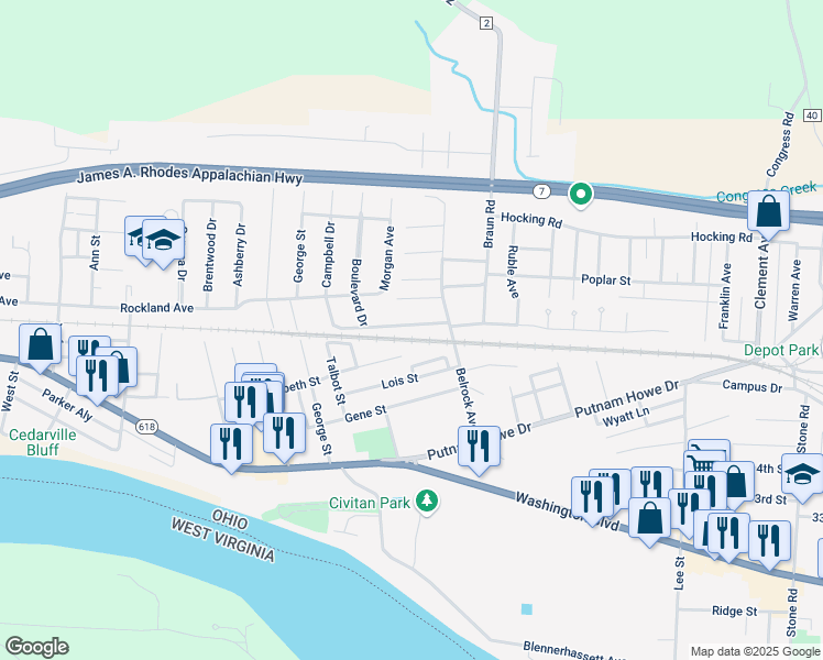 map of restaurants, bars, coffee shops, grocery stores, and more near 1517 Boulevard Drive in Belpre