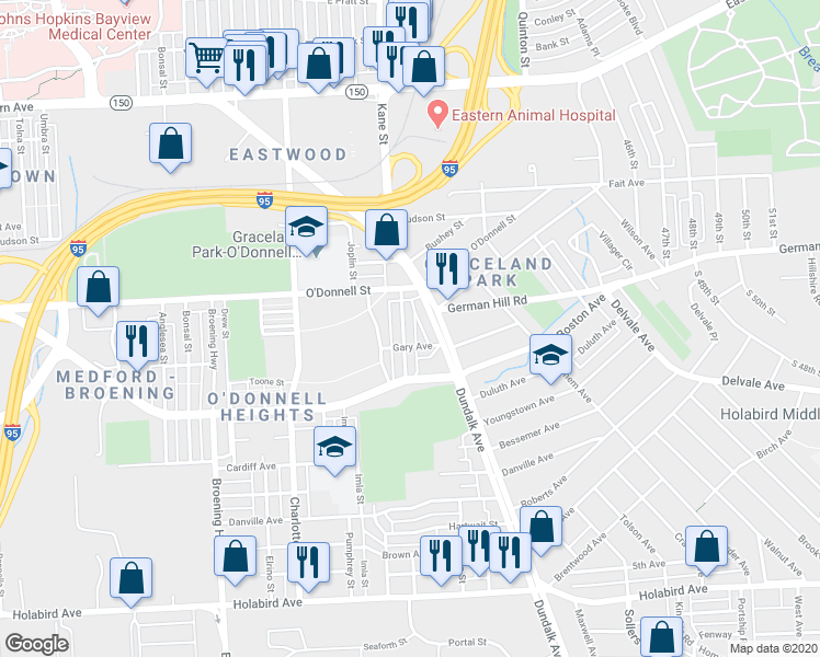 map of restaurants, bars, coffee shops, grocery stores, and more near 1131 Steelton Ave in Baltimore