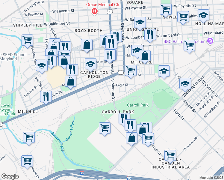 map of restaurants, bars, coffee shops, grocery stores, and more near 620 South Monroe Street in Baltimore