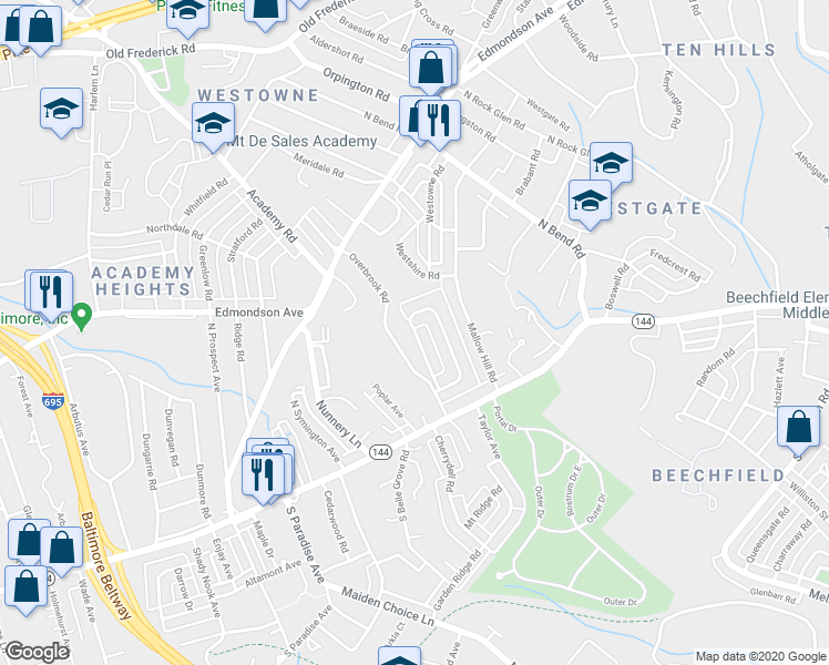 map of restaurants, bars, coffee shops, grocery stores, and more near 214 Medwick Garth West in Catonsville