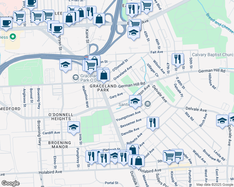 map of restaurants, bars, coffee shops, grocery stores, and more near 6710 Gary Avenue in Baltimore