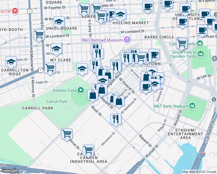 map of restaurants, bars, coffee shops, grocery stores, and more near 1200 South Carey Street in Baltimore