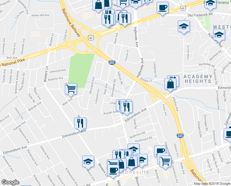 map of restaurants, bars, coffee shops, grocery stores, and more near 408 Dorchester Road in Catonsville