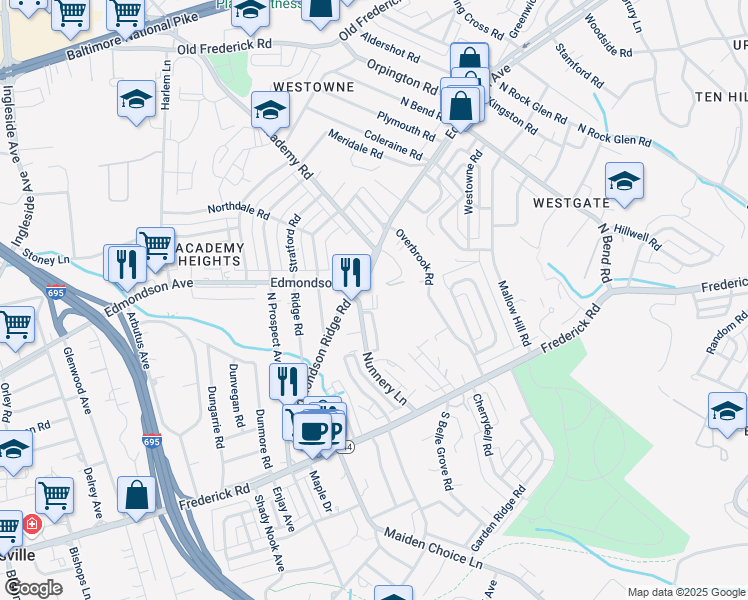 map of restaurants, bars, coffee shops, grocery stores, and more near 149 Nunnery Lane in Catonsville