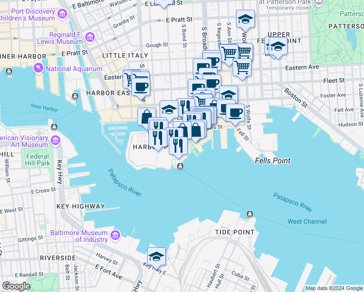 map of restaurants, bars, coffee shops, grocery stores, and more near 1500 Thames Street in Baltimore