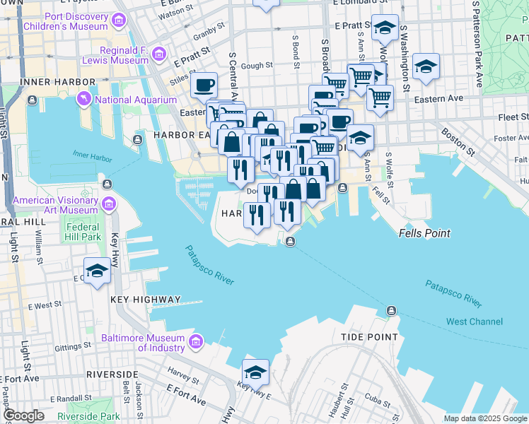 map of restaurants, bars, coffee shops, grocery stores, and more near 1402 Point Street in Baltimore