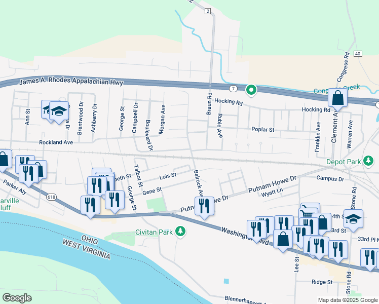 map of restaurants, bars, coffee shops, grocery stores, and more near 1501 Boulevard Drive in Belpre