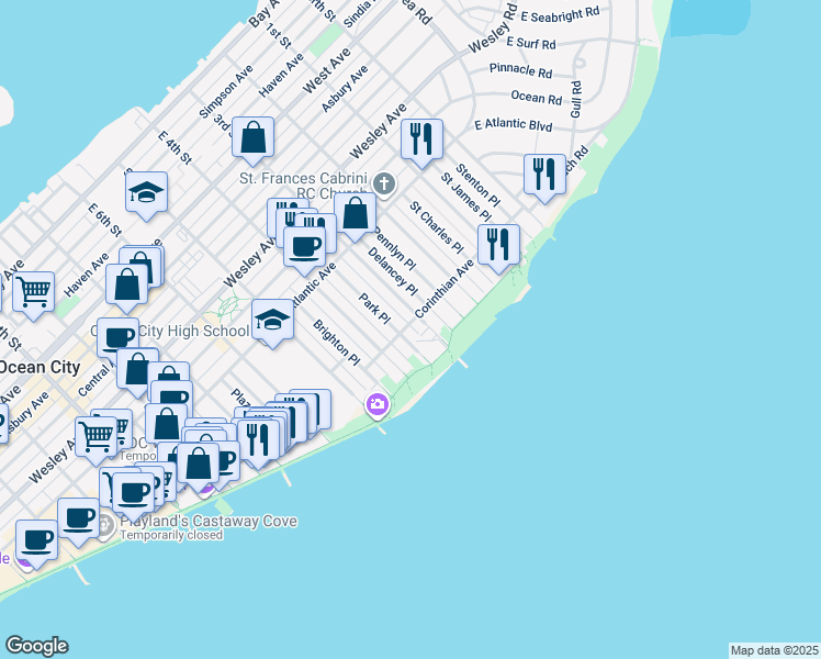 map of restaurants, bars, coffee shops, grocery stores, and more near 309 Corinthian Avenue in Ocean City