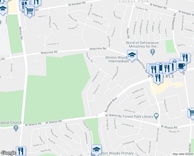 map of restaurants, bars, coffee shops, grocery stores, and more near 11212 Embassy Drive in Cincinnati