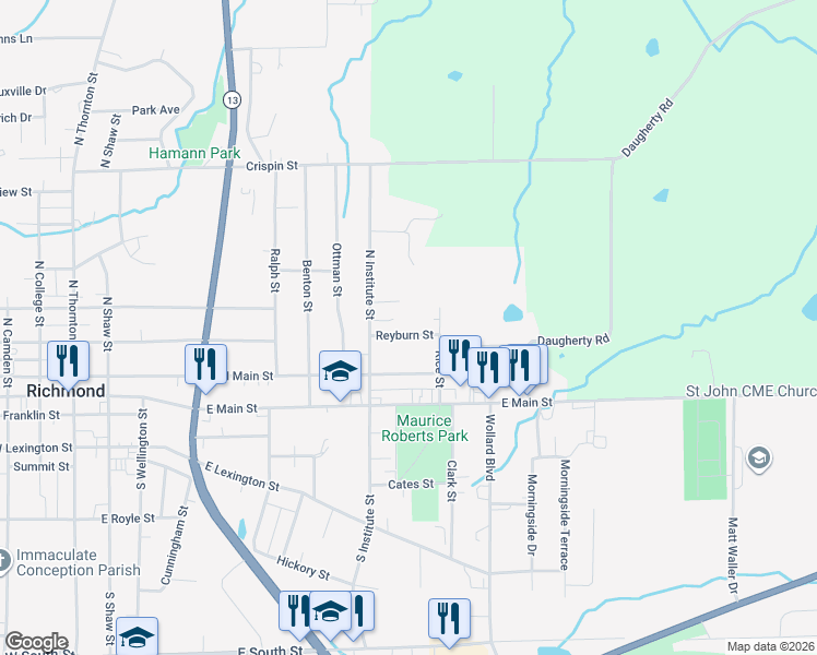 map of restaurants, bars, coffee shops, grocery stores, and more near 808 Reyburn Street in Richmond