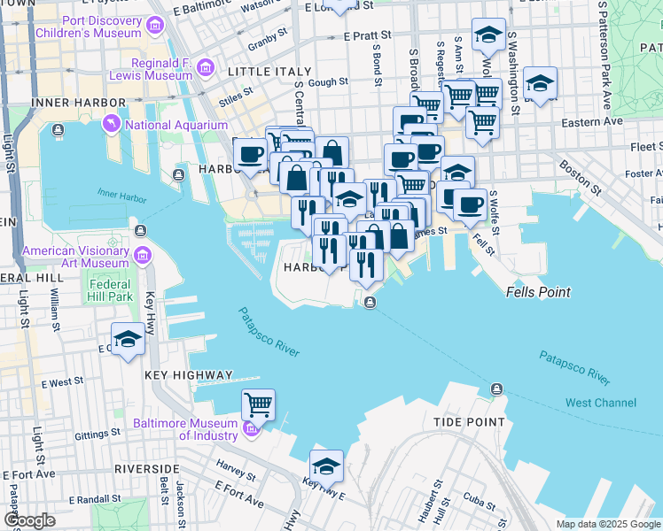 map of restaurants, bars, coffee shops, grocery stores, and more near 1403 Point Street in Baltimore